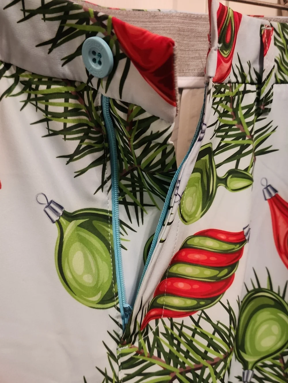 HERESKI Men's Holiday Ornament Swim Board Shorts Blue Red & Green & Pine Boughs